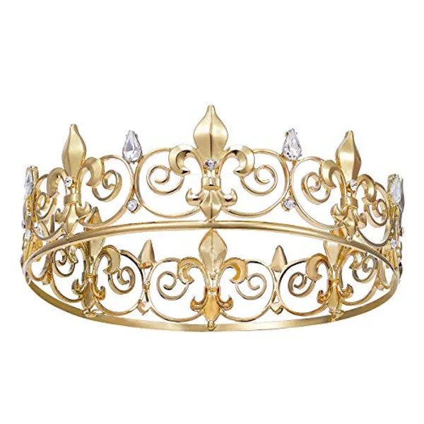 SWEETV Royal King Crown for Men/Women (Unisex) - Metal Prince Crowns and Tiaras, Full Round Birthday Party Hats, Medieval Costume Accessories for Prom Wedding Halloween, Gold - Gold