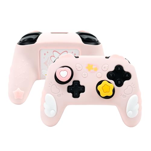 GeekShare Switch Pro Controller Skin Set,Anti-Slip Silicone Protective Cover Skin Case for Nintendo Switch Pro Controller with 2 Thumb Grip Caps and 2 Stickers - Star Wings Series (Pink) - Pink