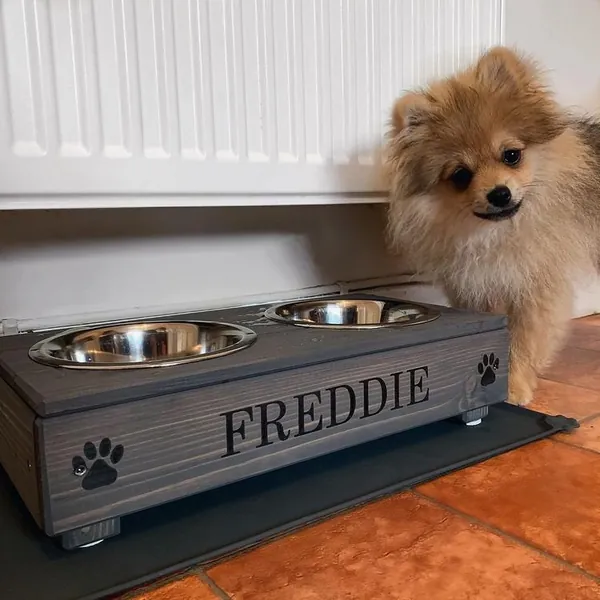 Small = 9cm High Raised Dog or Cat bowl stand - in &quot;Grey&quot; with black text chose from 1, 2 or 3 bowl stand
