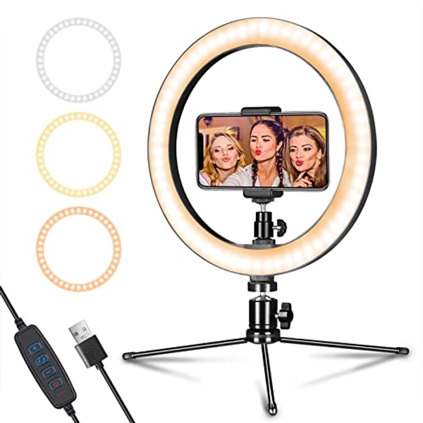 LED Dimmable Desk Makeup Ring Light 10" with Tripod Stand & Phone Holder for Live Streaming & YouTube Video,Photography, Shooting with 3 Light Modes & 10 Brightness Level