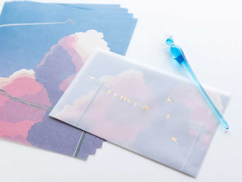 Translucent  Scenery Letter Writing set -Sunset and Birds- by Tsutsumu company limited / Tracing paper envelope /made in Japan