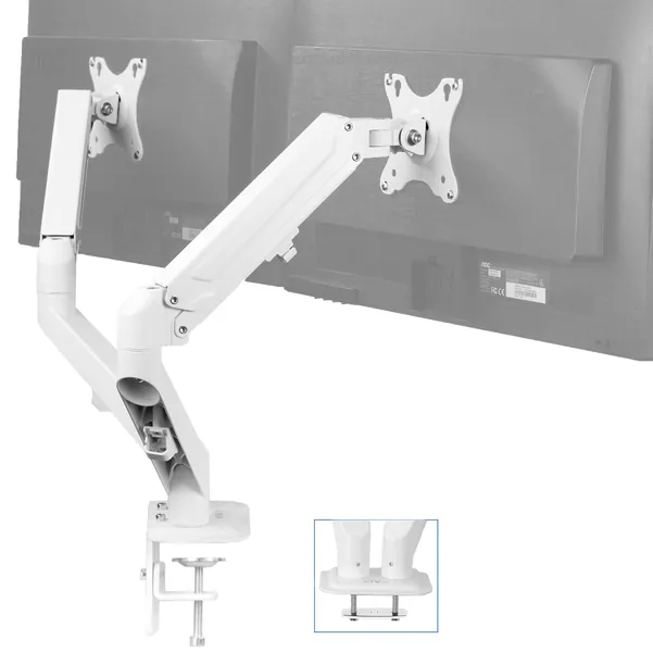 VIVO Articulating Dual 17 to 27 inch Pneumatic Spring Arm Clamp-on Desk Mount Stand, Fits 2 Monitor Screens with Max VESA 100x100, White, STAND-V102OW - Dual Mount White