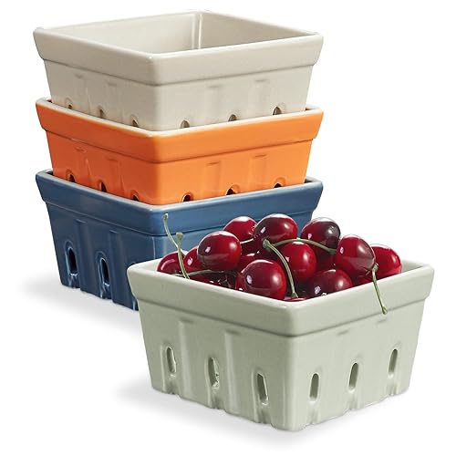 ONEMORE Ceramic Berry Basket, Rustic Stoneware Berry Bowls Colander, Square Fruit Bowls for Kitchen Décor Set of 4, 4.5 inch, Assorted Color - Assorted Color