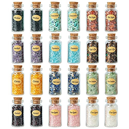 KHOCOEE 24 Gemstone Bottles Chip Crystals and Healing Stone, Chakra Healing Crystals Bottles, Wicca Gem Stones Set, Witchcraft Crystals - 2 Set