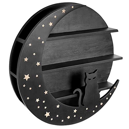 HOP SKIP Cat Moon Shelf for Crystals - Essential Oils & Crystal Display Shelf - 15.75” x 2.76” - Floating Crystal Shelf Display for Cat Lovers – Moon Cat Shelf - Wiccan Décor - Cat Moon - Black