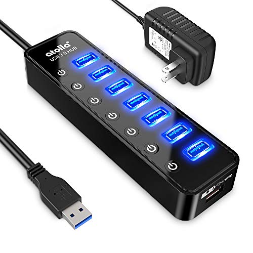 Powered USB Hub 3.0, Atolla 7-Port USB Data Hub Splitter with One Smart Charging Port and Individual On/Off Switches and 5V/4A Power Adapter USB Extension