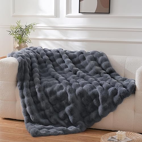 BENVWE Faux Fur Throw Blanket Fleece Bubble Blanket, Soft,Cozy and Thick Blanket Plush Fluffy Blanket for Couch Chair Bed 63x80 Inches Graphite Gray - Twin(63" x 80") - Graphite Grey