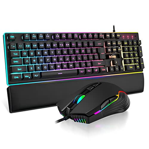 RedThunder K10 Wired Gaming Keyboard and Mouse and Wrist Rest Combo, RGB Backlit, Mechanical Feel Anti-ghosting Keyboard + 7D 7200 DPI Mice+Soft Leather Wrist Rest 3 in 1 PC Gamer Accessories(Black) - Black