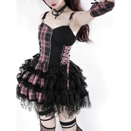 [$94.50]Pink Plaid Lace Handkerchief Hem Slip Dress