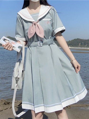 Japanese Summer Sweet Sailor Collar Bow Lolita Dress Women Cute Embroidery Slim Student Dresses Party Vintage Girls Vestidos