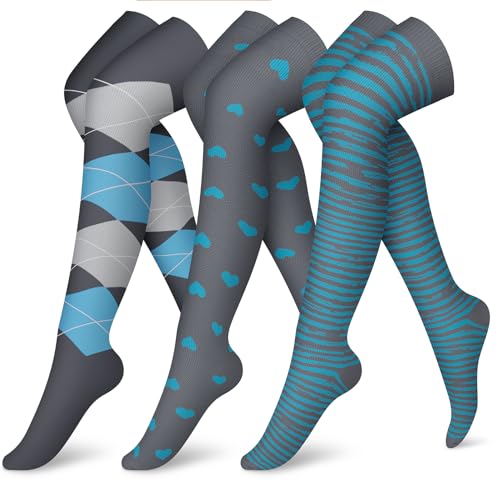 CHARMKING Compression Socks (3 Pairs) Knee High Compression Sock for Women & Men Stockings for Running, Cycling,Athletic - Small-Medium - 10 Grey/Blue/Blue