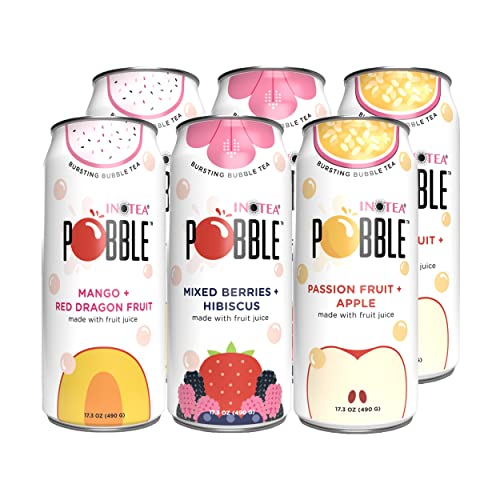 INOTEA POBBLE BURSTING BUBBLE TEA (Pack of 6 Cans) includes SALTATION Thank You Card | Canned Iced Tea Made with Real Fruit Juice and Contains Popping Pearls (16.6oz/can) | 6 Can Bundle- Available Flavors: Assorted, Mango+Red Dragon Fruit, Mixed Berries+Hibiscus, Passion Fruit+Apple. (Assorted) - Mixed Berries+Hibiscus