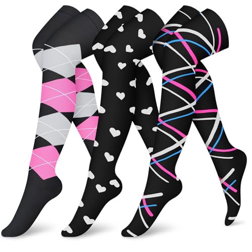 CHARMKING Compression Socks (3 Pairs) Knee High Compression Sock for Women & Men Stockings for Running, Cycling,Athletic - Small-Medium - 08 Pink/Pink/Black