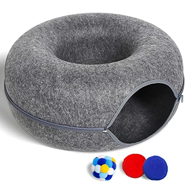 Large Cat Tunnel Bed for Indoor Cats with 3 Toys, Scratch Resistant Donut Cat Bed, for Cats up to 22 Lbs (L(24x24x11), Dark Grey) - L(24x24x11) - Dark Grey