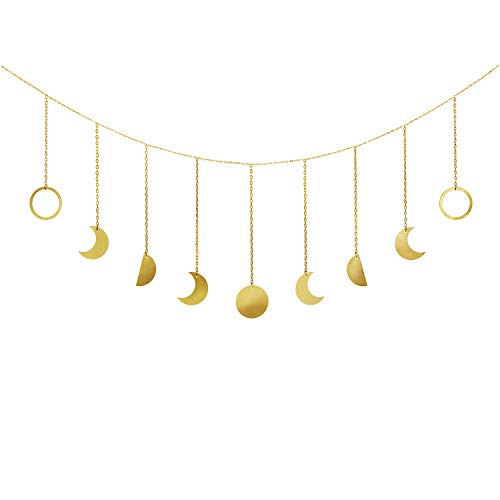 Mkono Moon Phase Wall Hanging Boho Aesthetic Room Decor Metal Moons Garland Hanging Art Bohemian Home Decoration for Girls Room Nursery Bedroom Livingroom Dorm, Ideal Gift, Gold, 50" - Gold - Medium