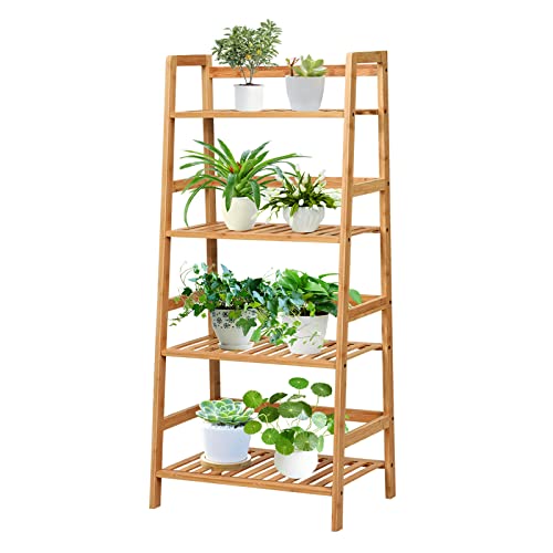 COSTWAY 4-Tier Ladder Shelf, Bamboo Plant Stand Rack, Freestanding Bookshelf, Multifunctional Storage Shelves, Flower Stand Rack Holder for Garden, Balcony, Living Room, Bedroom (Natural) - Natural