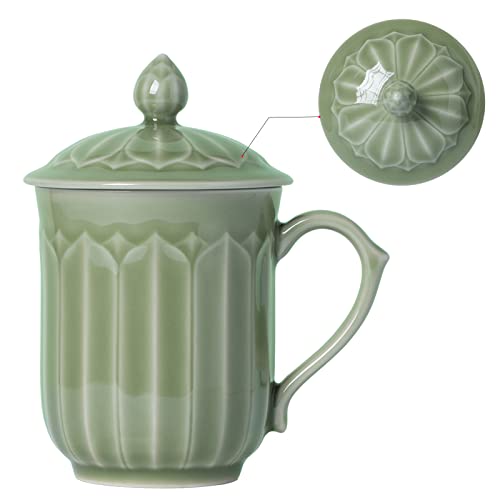 Tingyework Porcelain Lotus Tea Cup with Lid and Handle, 12 oz Unique Coffee Mug, Microwave Dishwasher Safe, Gifts for Women and Men, Aesthetic Chinese Celadon 1 Pack (Kiwi Green) - Kiwi Green