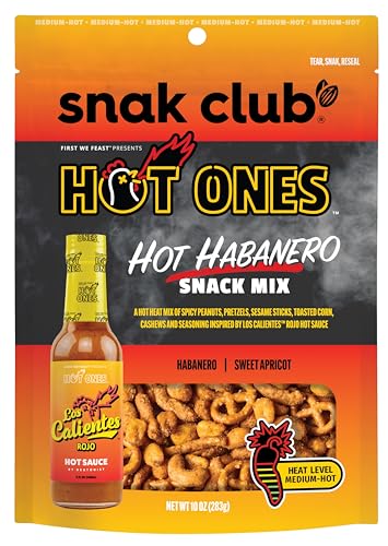 Snak Club x Hot Ones Hot Habanero Snack Mix, Spicy Snacks with Peanuts, Pretzels, Sesame Sticks, Toasted Corn & Cashews, Inspired by Hot Ones Hot Sauce, 10 oz Bag - Hot Habanero - 10 Ounce (Pack of 1)