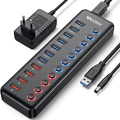 WENTER USB Hub 3.0 Aktiv, 11 Ports 36W (12V / 3A) Netzteil, USB 3.0 Mehrfach Ports Verteiler mit LED Einzelnen EIN/Aus-Schalter, USB 3.0 Hub 7 Ports Datenübertragung und 4 Ports Schnellladegerät - 11 Ports