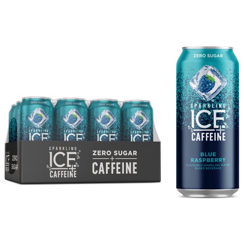Sparkling Ice +Caffeine Blue Raspberry Sparkling Water. Caffeinated Sparkling Water from Coffee Beans and Green Tea Extracts for the Perfect Pick-Me-Up., 473 mL (Pack of 12) - 