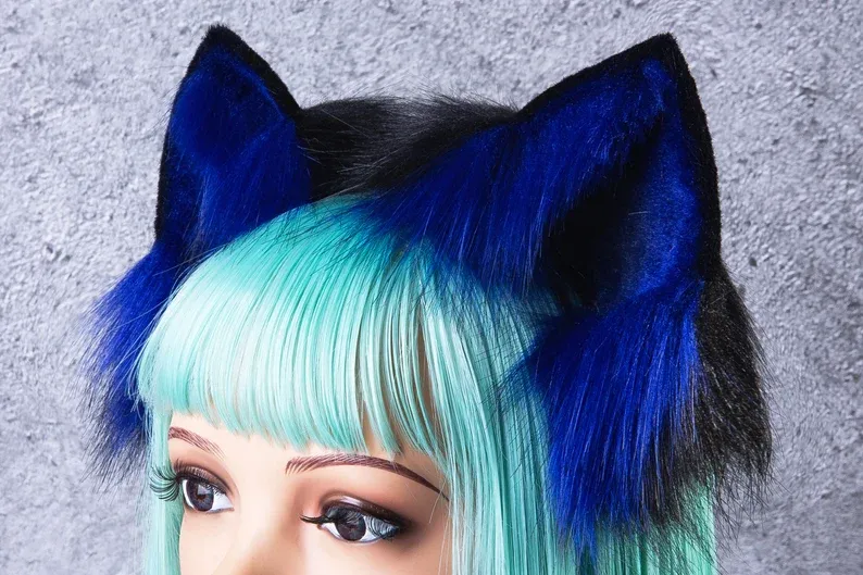 Faux Blue Black Wolf Ears