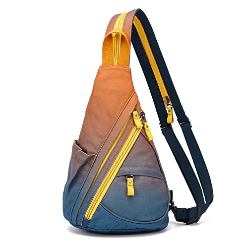 Canvas Sling Bag - Small Crossbody Backpack Shoulder Casual Daypack Rucksack for Men Women Outdoor Cycling Hiking Travel - 6881-r-yellow+orangered
