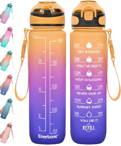 Enerbone 32 oz Water Bottle with Times to Drink and Straw, Motivational Drinking Water Bottles with Carrying Strap, Leakproof BPA & Toxic Free, Ensure You Drink Enough Water for Fitness Gym Outdoor - Orange Blue