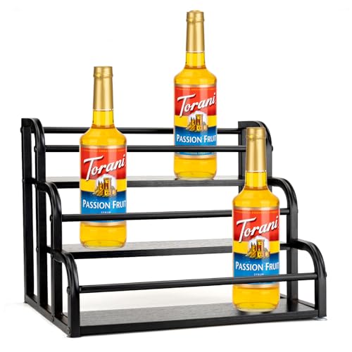Telawsfun Coffee Syrup Organizer Rack,Syrup Bottle Holder Stand for Coffee Bar Station,3 Tier Freestanding Syrup Storage Racks, 15 Bottles Display Shelf for Countertop(Black Wooden)