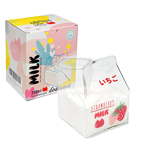 Kawaii Glass Milk Carton Cup Cute Strawberry Milk Cup Mini Creamer Pitcher Container Microwavable 12 Oz, 1Pcs - Strawberry