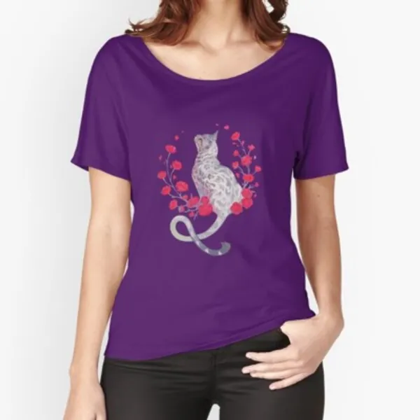Silver bengal cat with red flowers Relaxed Fit T-Shirt by Giulialibard