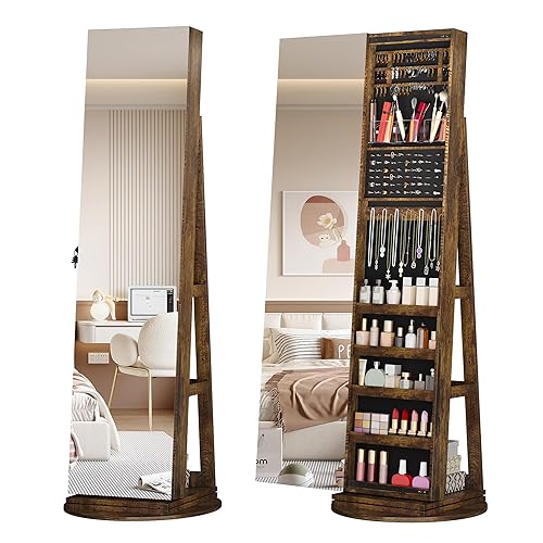 LVSOMT 360° Swivel Jewelry Cabinet with Full Length Mirror, 63" Large Capacity Jewelry Organizer Armoire, Lockable Mirror with Jewelry Storage, Floor Standing Mirror, Storage Shelves (Retro Brown) - Retro Brown