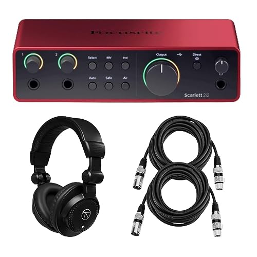 Focusrite Scarlett 2i2 4th Gen 2x2 USB Audio Interface Bundle with Headphones and 2 XLR Cables, For PC & MAC, Great for Music Recording and Podcast (4 Items)