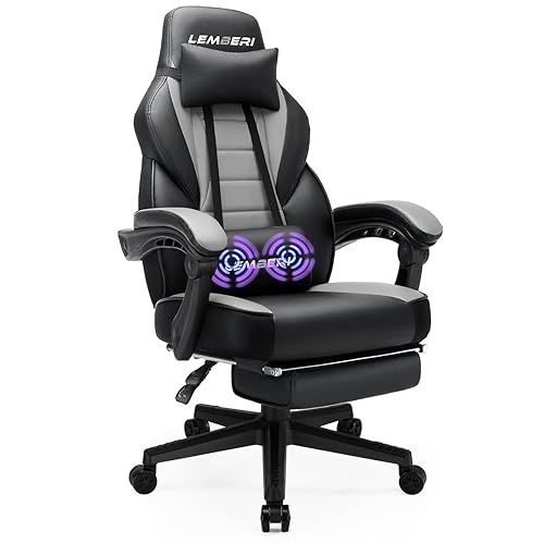 LEMBERI Gaming Chairs with Footrest,Ergonomic Video Game Chairs for Adults,Big and Tall Chair 400lb Weight Capacity, Racing Style Computer Gamer Chair with Headrest and Lumbar Support - Grey