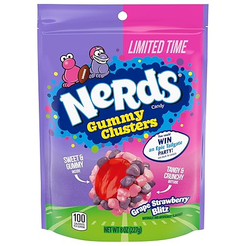 NERDS Gummy Clusters Candy, Grape Strawberry Blitz, Crunchy and Gummy, Game Day Candy, Football Party Supplies, 8 oz
