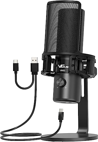 VeGue USB Microphone, Computer Cardioid Condenser PC Gaming Mic for Gaming, Streaming, Podcasting, YouTube, Voice Over, Twitch, with Gain Control，Pop Filter, Shock Mount, All Metal Desktop Mic, VM50 - Black