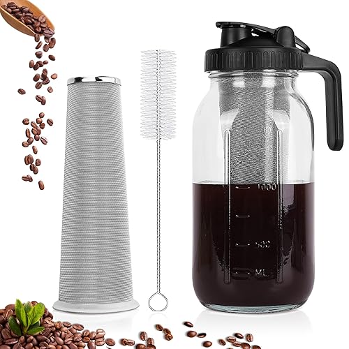 Cold Brew Coffee Maker,64 oz Mason Jar Pitcher with Stainless Steel Filter, Pour Spout Handle Lid, Heavy Duty Glass Airtight & Leak-Proof Pitcher for iced coffee Tea Lemonade - 1pcs 64oz black