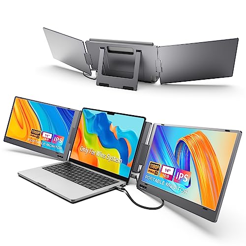 KYY Triple Laptop Screen Extender, 14" 1080P FHD IPS Dual Portable Extended Monitor, USB C Travel for 12-16'' Laptop, 210°Rotation & Kickstand, Plug and Play, X90 (Windows Only) - X90