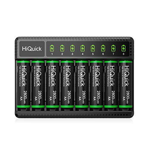 HiQuick 2800mAh Pre-Charged AA Rechargeable Batteries (8 Pack) and 8-Bay Fast Charging AA AAA Battery Charger for NIMH NiCd Rechargeable Batteries - 8AAA+SW-8N Charger