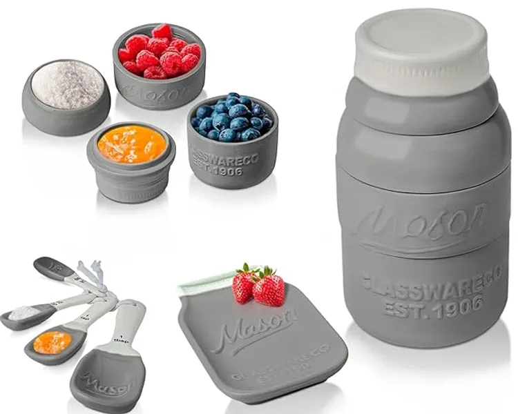Vintage Mason Jar Kitchenware Set by Comfify - Multi-Piece Kitchen Ceramic Décor Set w/ 4 Measuring Cups, 4 Measuring Spoons and Spoon Rest - Attractive Vintage Style, in Grey Embossed Ceramic - White