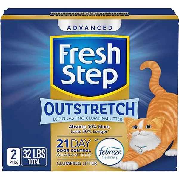 Fresh Step Outstretch Advanced Long Lasting Clumping Litter with Febreze Freshness, Activated Charcoal Litter Lasts 50% Longer, 32 lbs. (2 x 16 lb. Box) - 32 lb - Advanced Outstretch