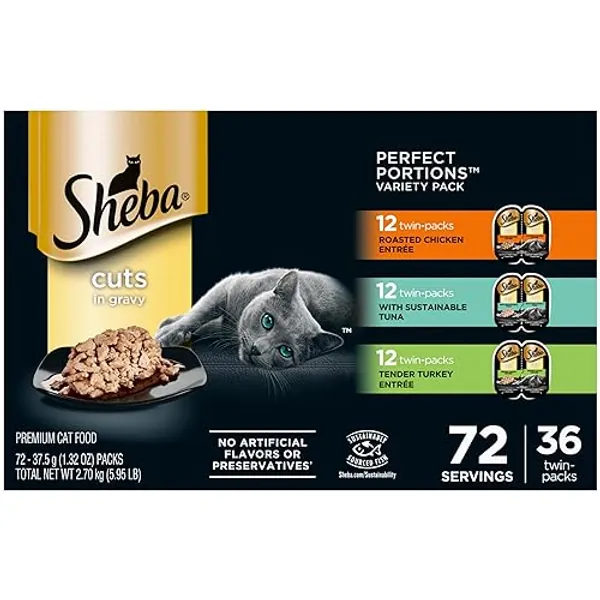 Sheba Perfect Portions Wet Cat Food Cuts in Gravy Variety Pack, Roasted Chicken Entree, with Sustainable Tuna, and Tender Turkey Entree, 2.6 oz. Twin-Pack Trays (36 Count, 72 Servings) - Chicken, Tuna & Turkey - 5.94 Pound (Pack of 1)