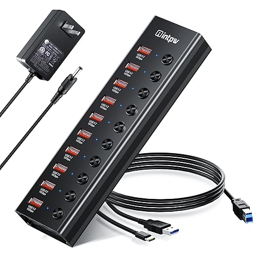 Powered USB 3.2 Hub, Intpw 10 Port USB Adapter with 10Gbps High-Speed Data Transfer, USB Splitter with Individual On/Off LED Switches for Laptop, PC, Flash Drive, Printer, Camera, Mouse, Keyboard… - 10-in-1