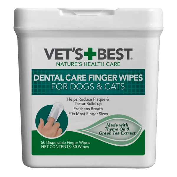 Vet's Best Dental Care Finger Wipes | Reduces Plaque & Freshens Breath | Teeth Cleaning Finger Wipes for Dogs & Cats | 50 Disposable Wipes -