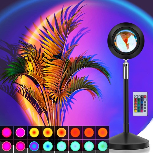 Sunset Lamp, Sunset Projection Lamp 16 Colors Helligkeit Einstellbar RGB Nachtlicht Kinder Rainbow 180° Rotation mit IR-Fernbedienung für Selfie Beleuchtung Schlafzimmer Wohnzimmer Party Lampe Deko - Sunset Lamp