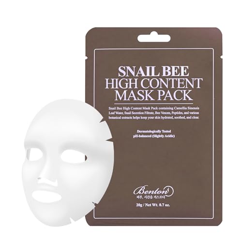 BENTON Snail Bee High Content Mask Pack (20g / 10 Sheets) - Snail Mucin Face Mask With Bee Venom | Korean Skin Care Face Mask Sheets For Moisturizing, Soothing and Nourishing (2022 Package) - 10 Count (Pack of 1)