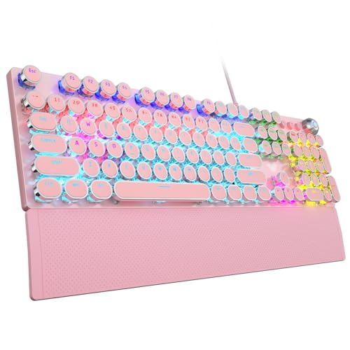 AULA F2088 Typewriter Style Mechanical Gaming Keyboard,Rainbow LED Backlit,Removable Wrist Rest,Media Control Knob,Retro Punk Round Keycaps,USB Wired Computer Keyboard,Pink - Pink-blue switches