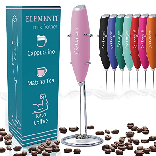 Elementi Milk Frother Electric - Coffee Whisk - Hand Frother for Coffee - Pink Coffee Maker - Coffee Frother Handheld - Pink Kitchen Appliances (Light Pink) - Handheld Milk Frother - Light Pink