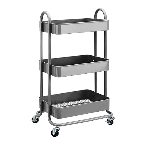 Amazon Basics 3-Tier Rolling Cart with Wheels, Utility or Kitchen - Charcoal - Charcoal
