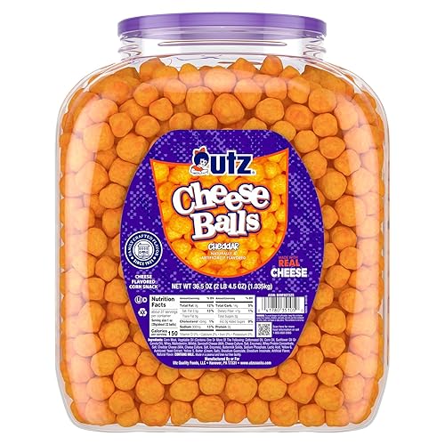Utz Cheese Balls Barrel, Tasty Snack Baked with Real Cheddar Cheese, Delightfully Poppable Party Snack, Gluten, Cholesterol and Trans-Fat Free, Kosher Certified, 36.5 Oz - 36.5 Ounce (Pack of 1)