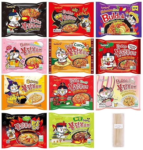 Samyang Spicy Hot Chicken Ramen 11 Flavor Variety Pack - FREE Chopsticks - Korean Buldak Ramen Noodles (11 Pack)